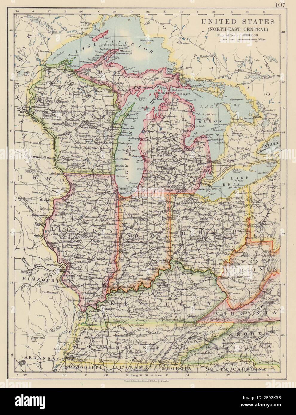 USA MID WEST. Wisconsin Michigan Illinois Ohio Indiana Kentucky TN 1910 map Stock Photo