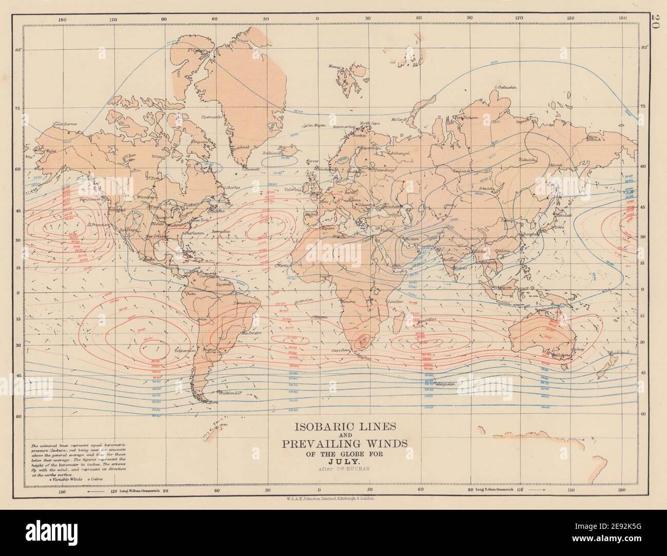 Map of the winds hi res stock photography - World Isobaric Lines Prevailing Winds Of The Globe July Johnston 1901 Map 2E92K5G