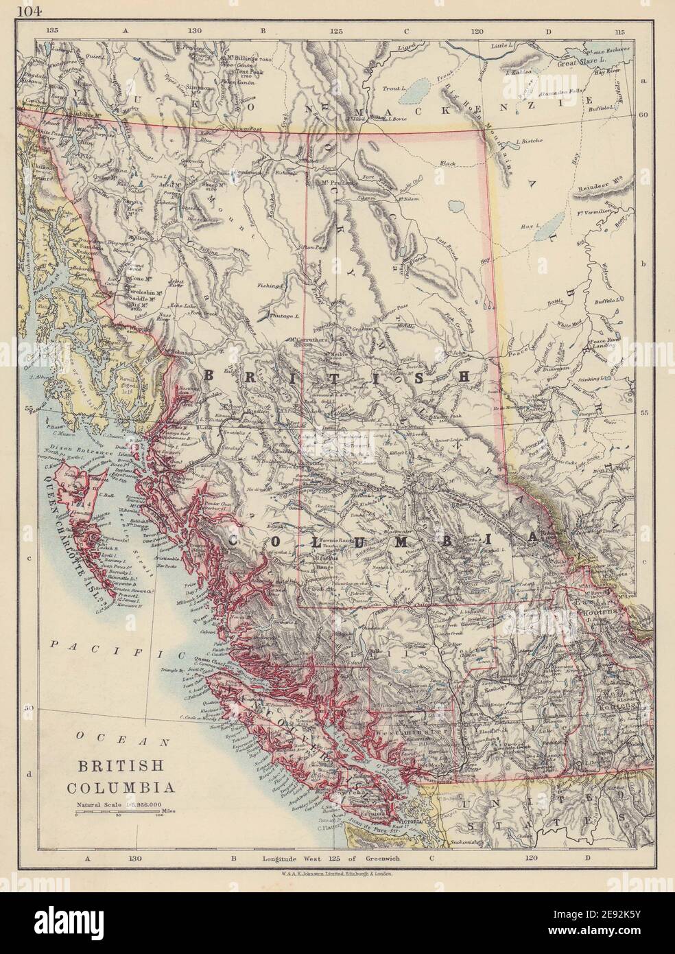 BRITISH COLUMBIA. Province map. Railroads. Vancouver island. JOHNSTON 1910 Stock Photo