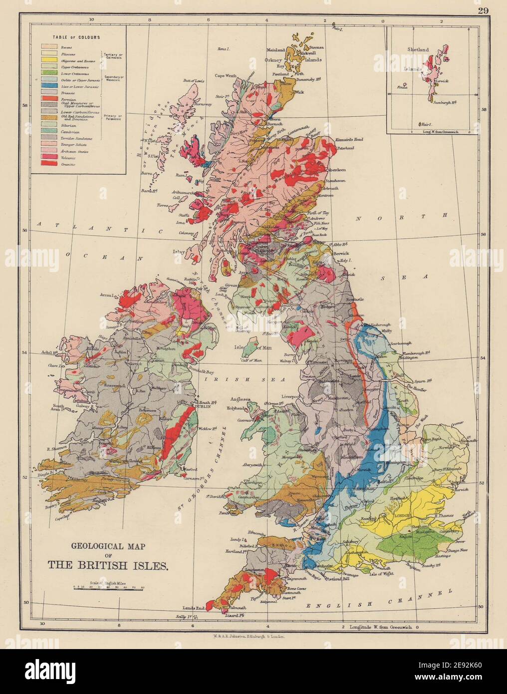 BRITISH ISLES GEOLOGICAL. Pliocene Cretaceous Jurassic Triassic &c 1901 map Stock Photo