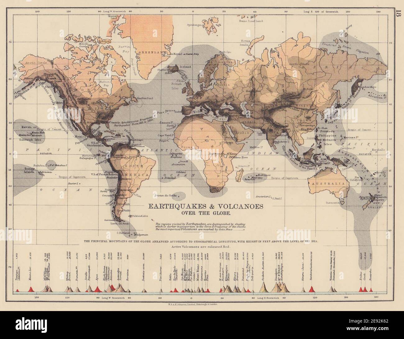 WORLD SEISMIC. Earthquake zones & active/inactive Volcanoes. JOHNSTON 1901 map Stock Photo