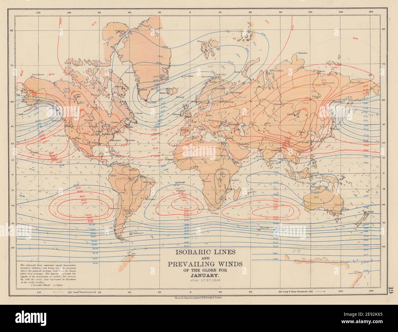 WORLD Isobaric lines amp Prevailing - World Isobaric Lines Prevailing Winds Of The Globe January Johnston 1901 Map 2E92K65