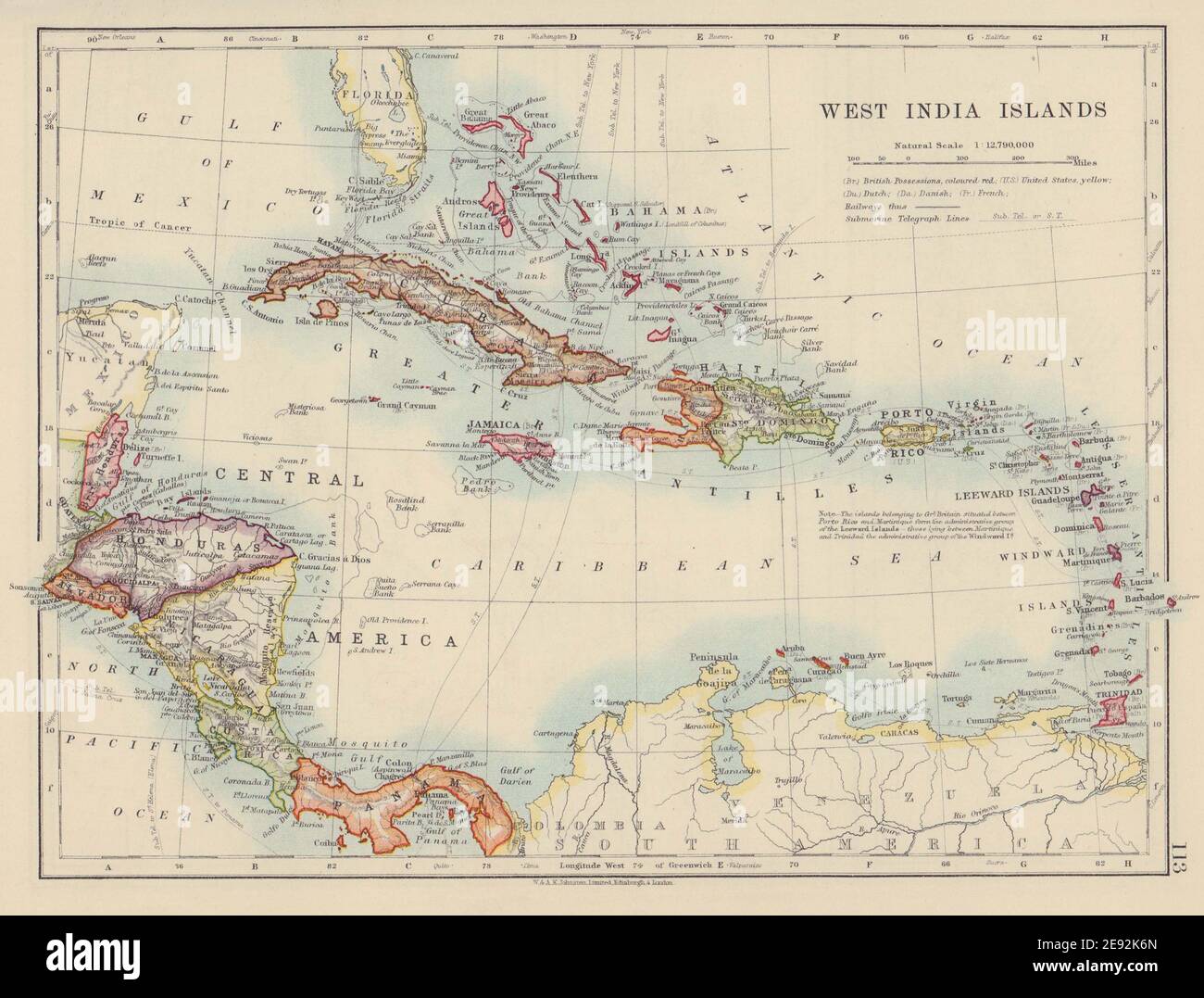WEST INDIA ISLANDS. Caribbean Bahamas Windward/Leeward Is. JOHNSTON 1910 map Stock Photo