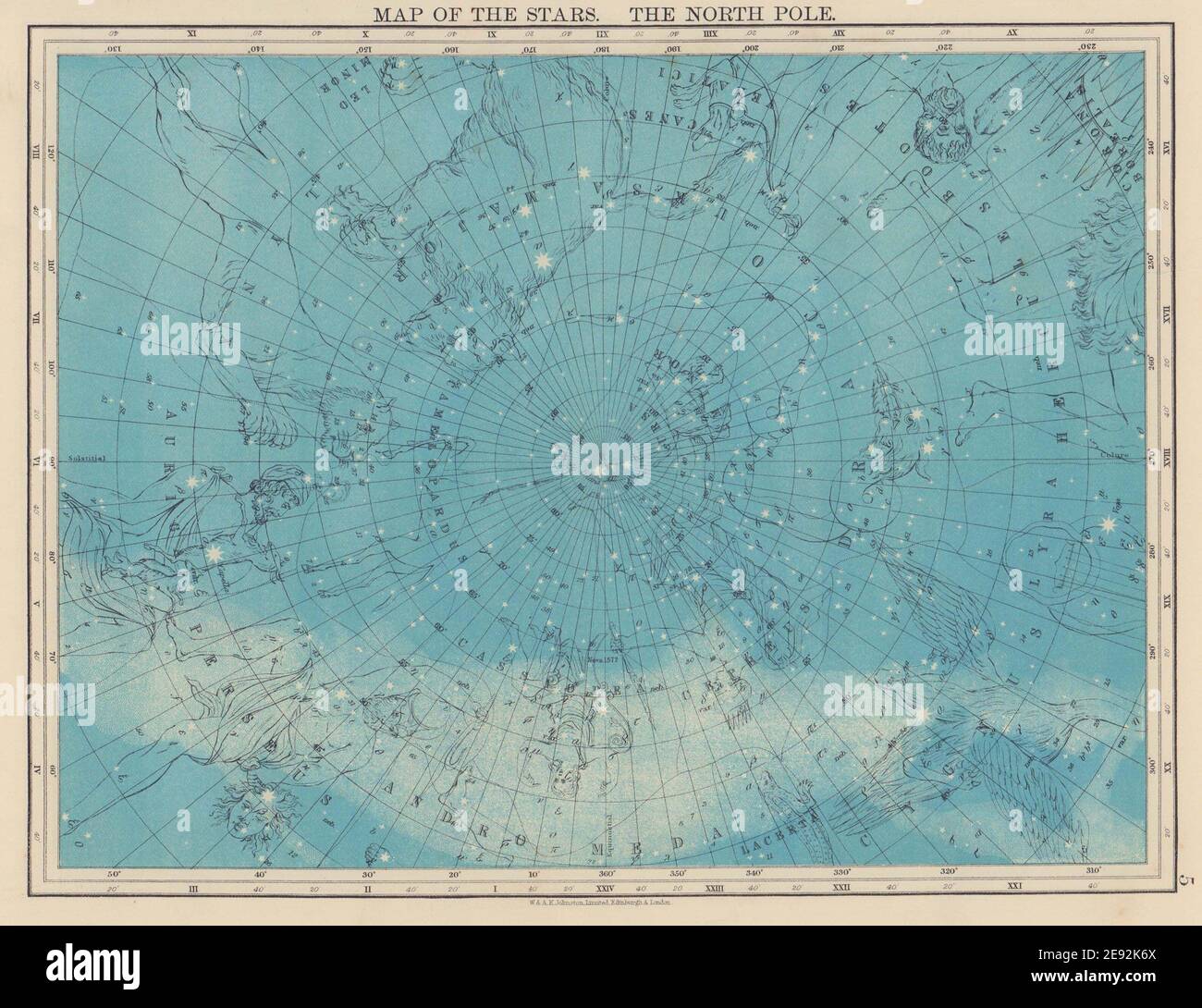 ASTRONOMY. Map of the Stars. The North Pole. Constellations. JOHNSTON 1901 Stock Photo