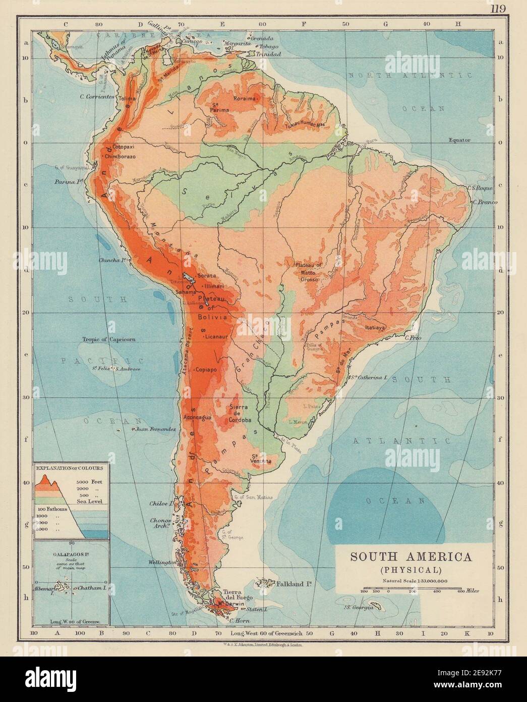 SOUTH AMERICA PHYSICAL. Andes Amazon basin. JOHNSTON 1910 old antique map  Stock Photo - Alamy