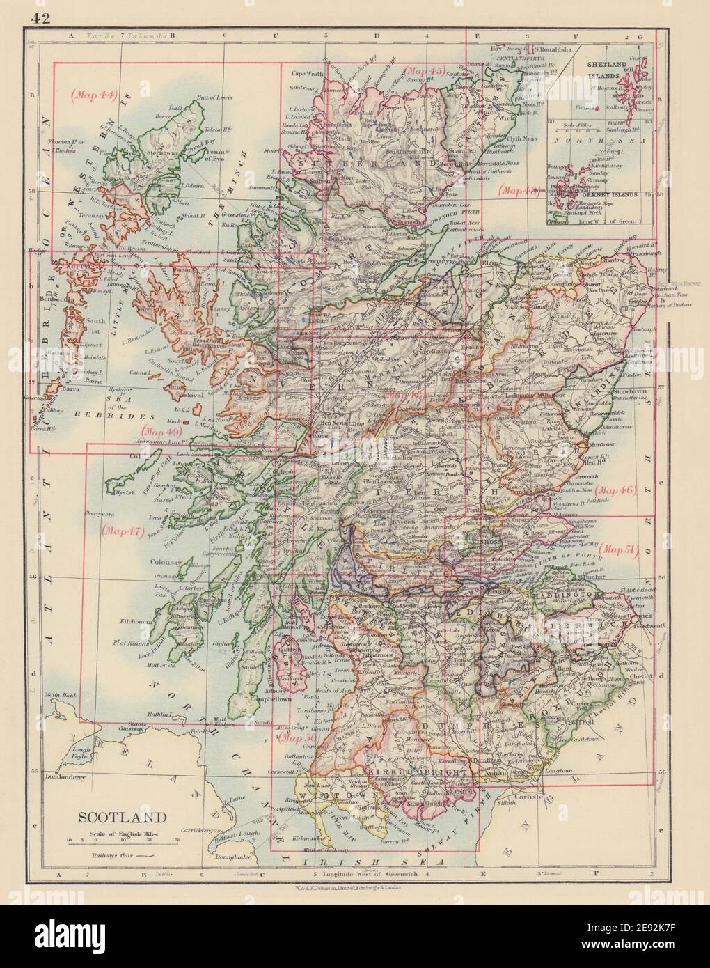 SCOTLAND. Counties. Undersea Telegraph cables. JOHNSTON 1901 old antique map Stock Photo