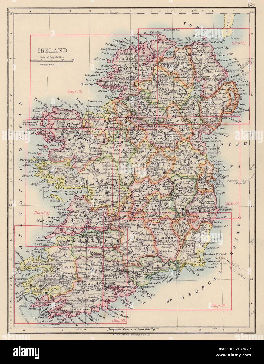 IRELAND. Showing counties. Undersea Telegraph cables. JOHNSTON 1901 old