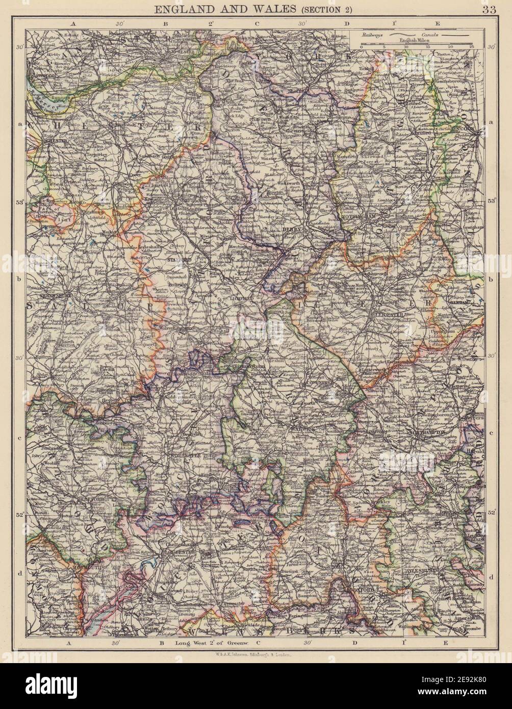 ENGLAND MIDLANDS. Warcs Worcs Leics Staffs Derbys Notts. JOHNSTON 1901 old map Stock Photo