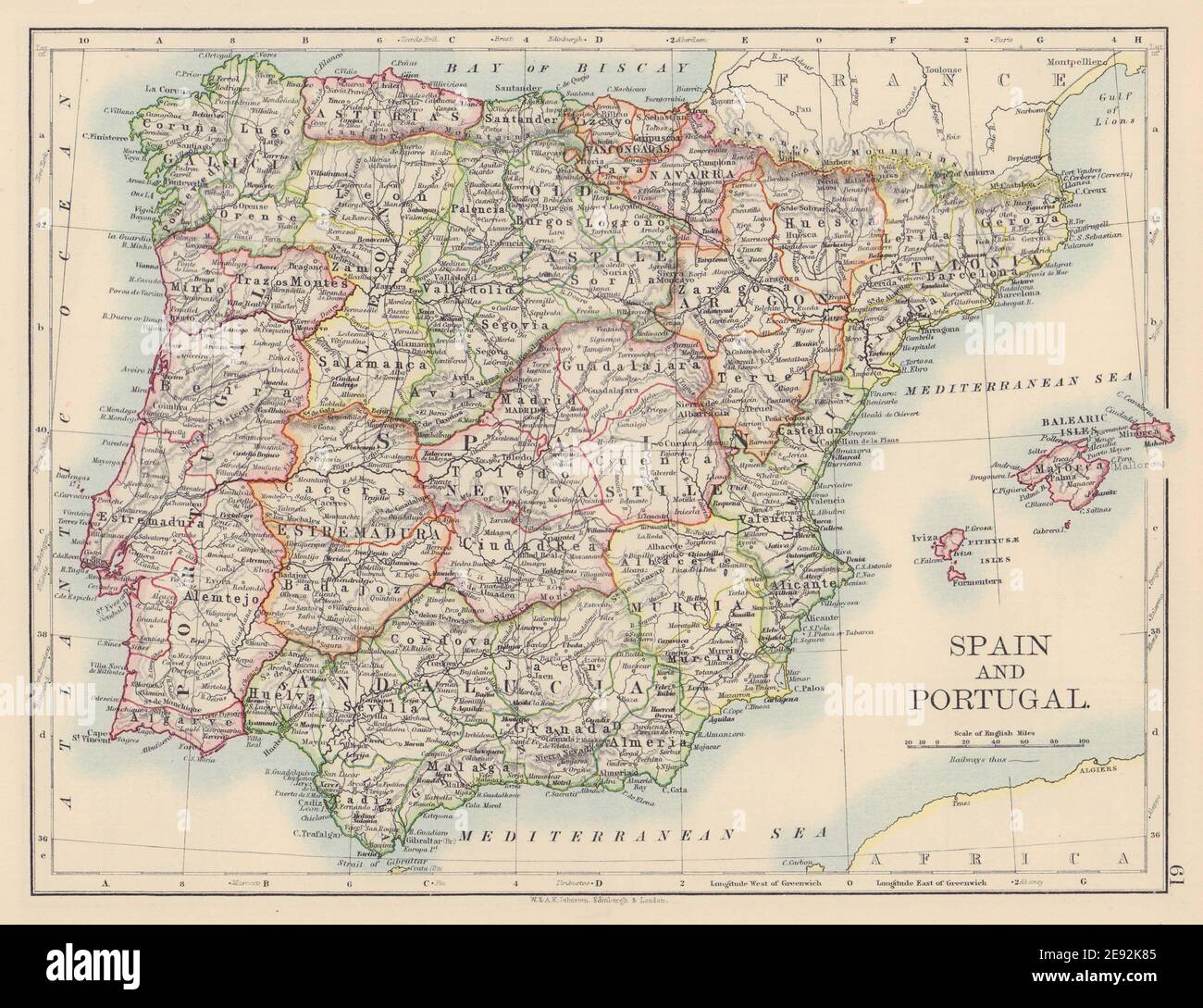 SPAIN AND PORTUGAL. Iberia. Provinces railways. Balearics. JOHNSTON 1901 map Stock Photo