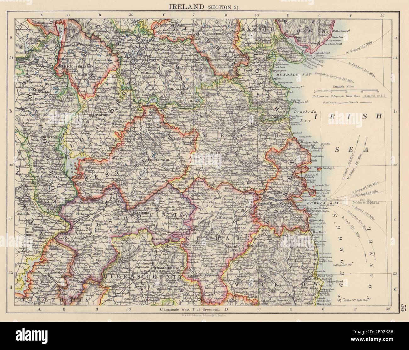 IRELAND EAST Dublin Meath Cavan Kildare Longford King's County JOHNSTON 1901 map Stock Photo