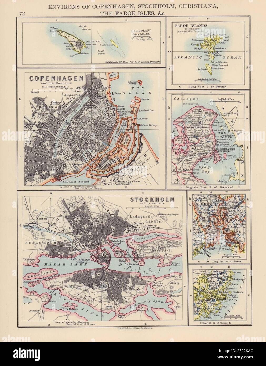 SCANDINAVIAN CITIES. Copenhagen Stockholm Christiania (Oslo) . JOHNSTON 1901 map Stock Photo