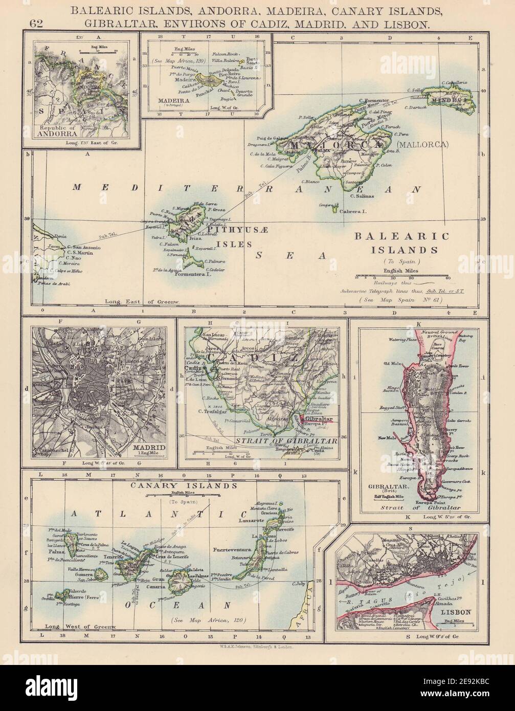 Map Of Canary Islands And Balearic Islands Iberia. Balearic/Canary Islands Andorra Madeira Gibraltar Madrid Lisbon  1901 Map Stock Photo - Alamy