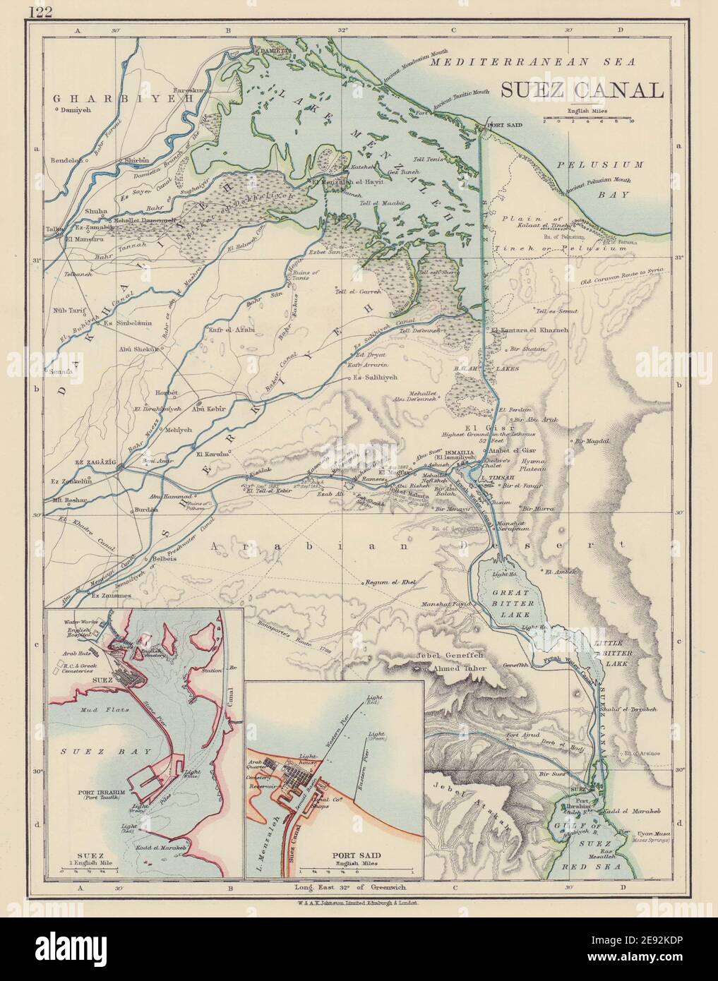 SUEZ CANAL. Plan. Inset Suez town & Port Said. JOHNSTON 1901 old antique map Stock Photo