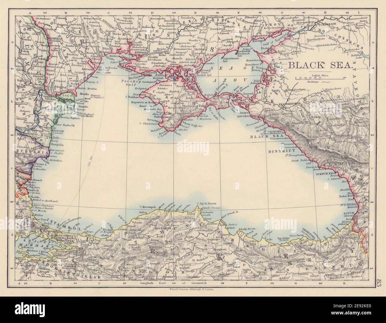 BLACK SEA. Russia Turkey Crimea Romania Bulgaria Kutais. JOHNSTON 1901 old map Stock Photo