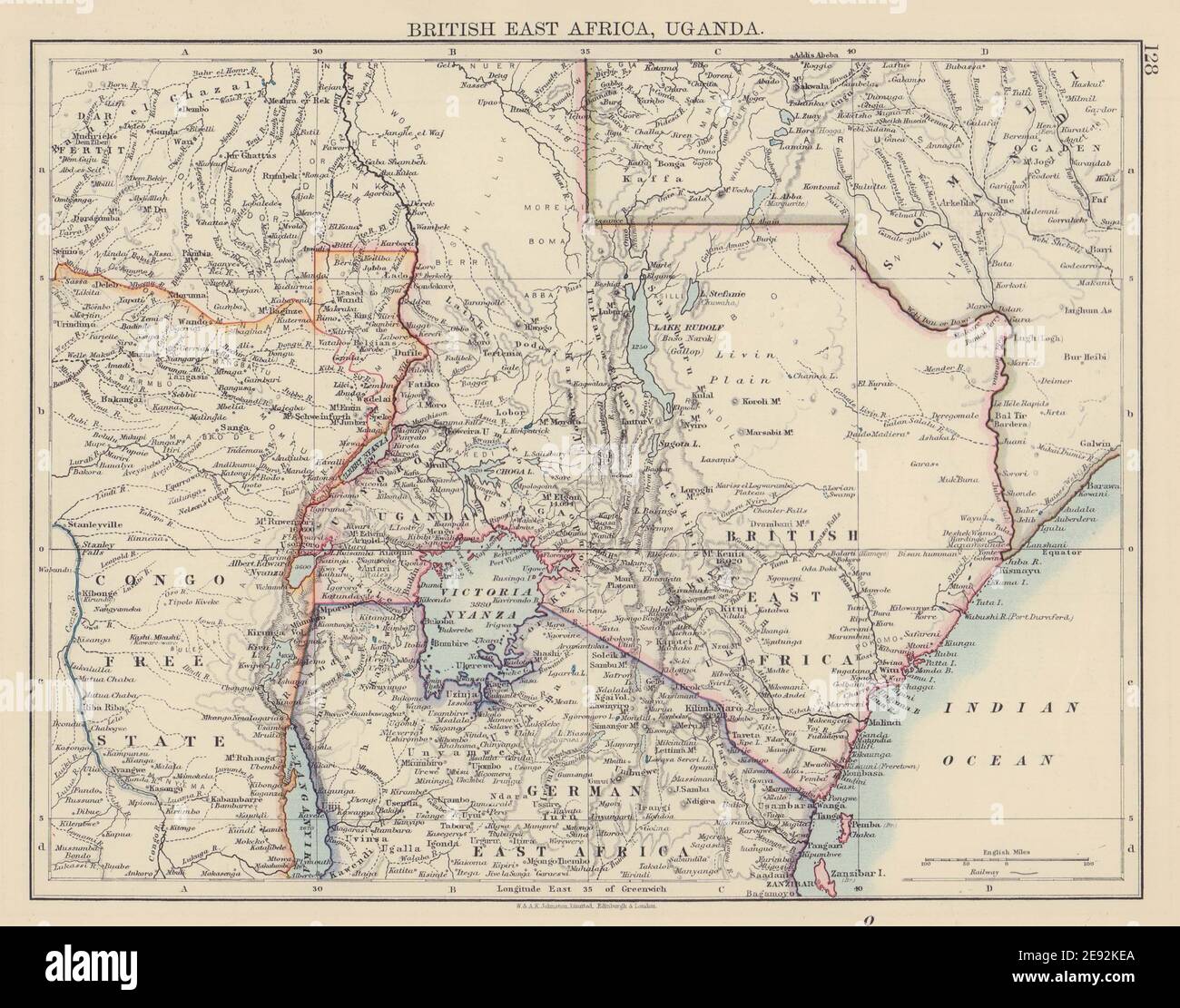 BRITISH EAST AFRICA & UGANDA Kenya. Northern Tanzania/German EA Rwanda 1901 map Stock Photo