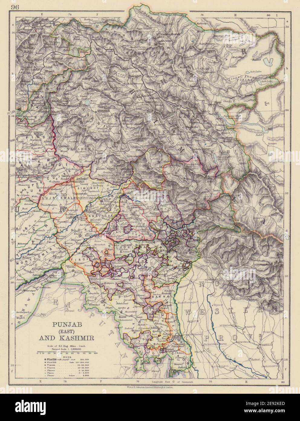 BRITISH INDIA NW. East Punjab Jammu & Kashmir. Delhi. Railways 1901 old map Stock Photo