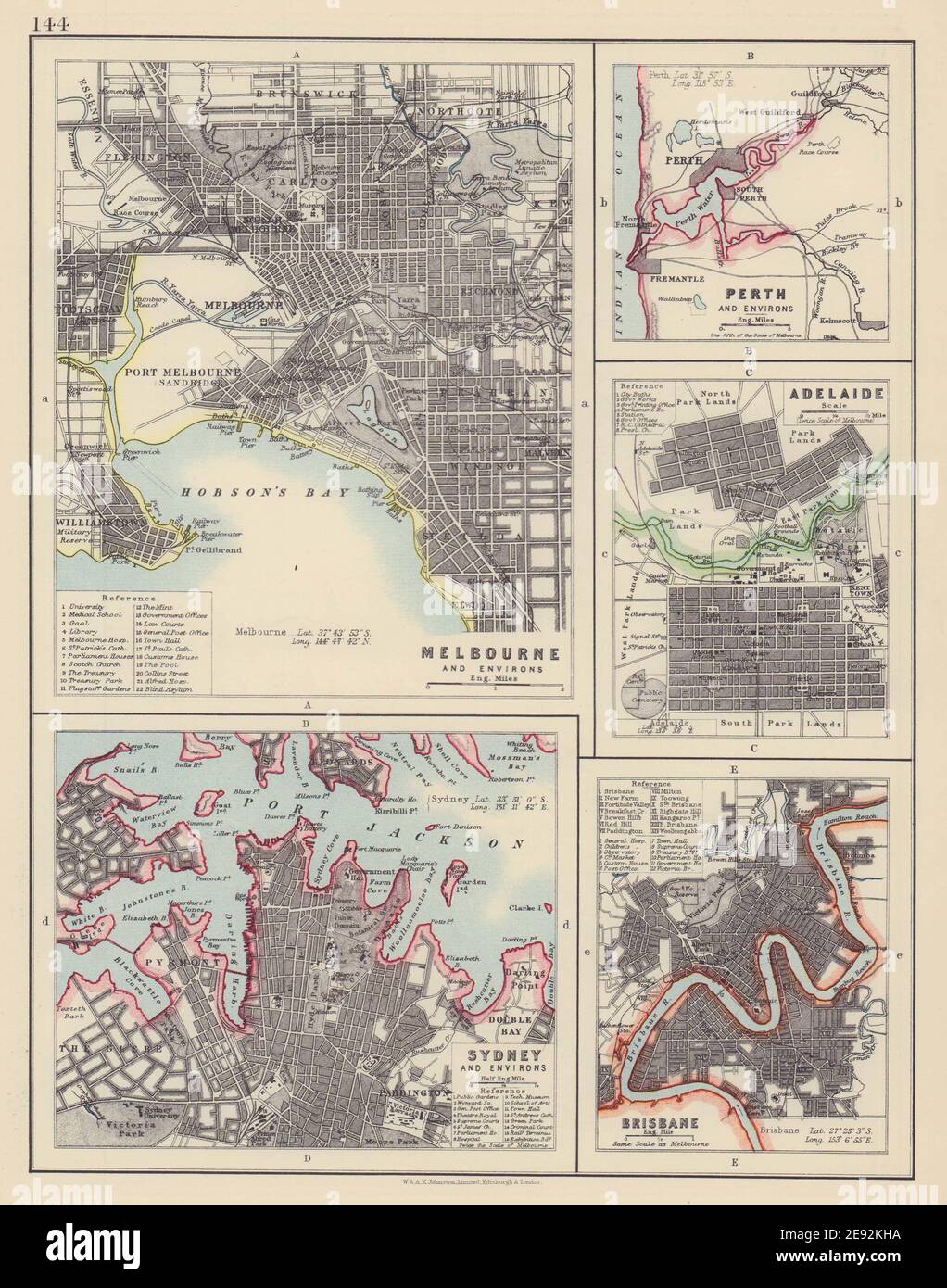 AUSTRALIAN CITIES. Melbourne Sydney Perth Adelaide Brisbane. JOHNSTON 1901 map Stock Photo