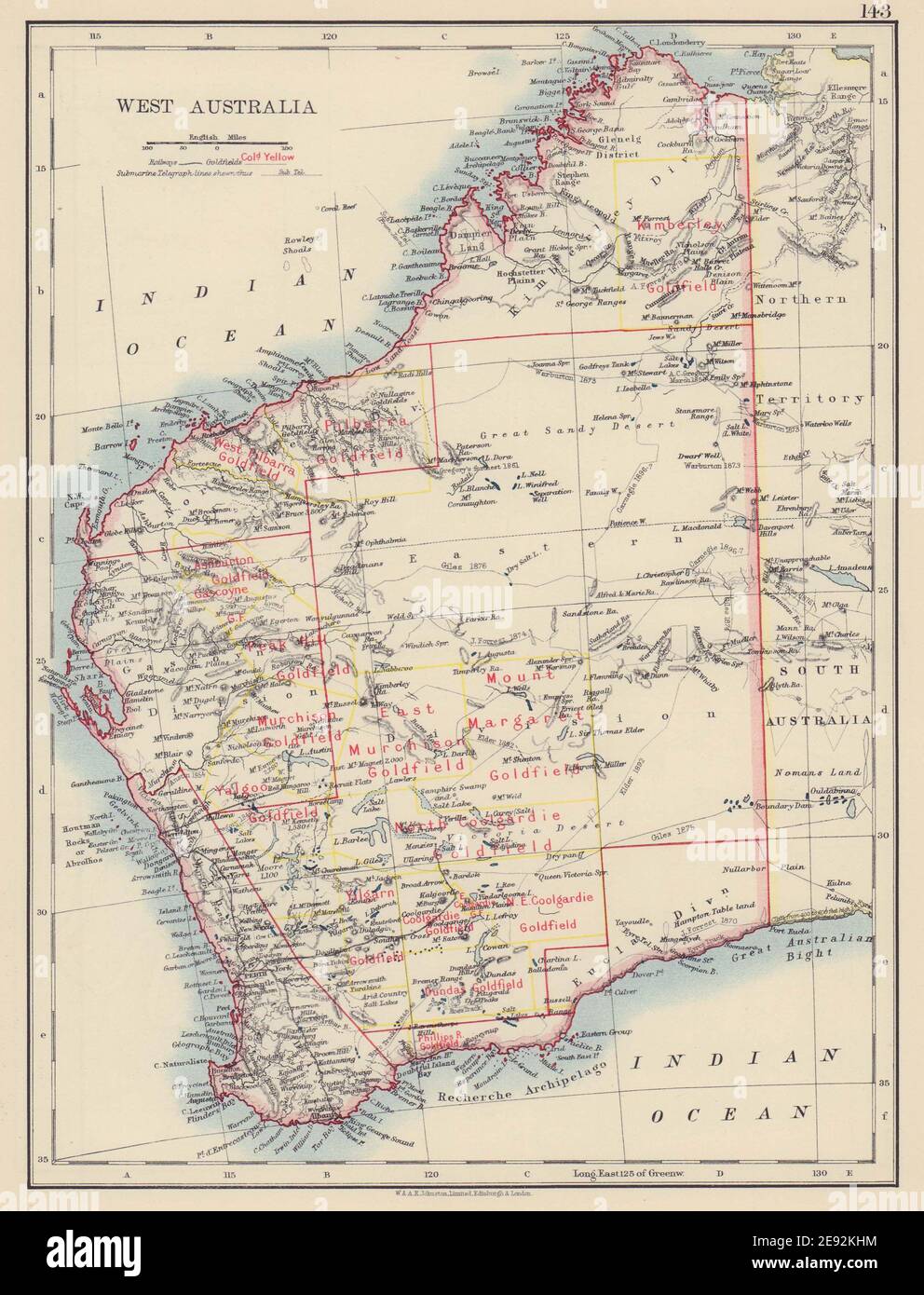 WEST AUSTRALIA. Goldfields Explorers route Giles Forrest Warburton Roe 1901 map Stock Photo