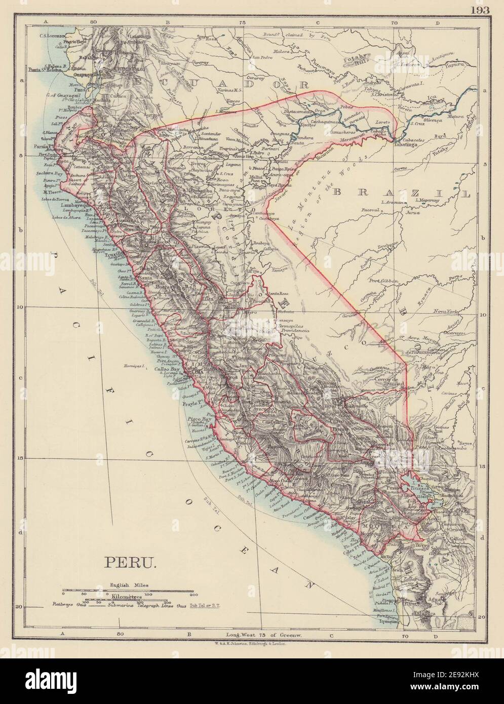 PERU. Border as before Peru-Ecuador war (1941) . JOHNSTON 1901 old antique map Stock Photo