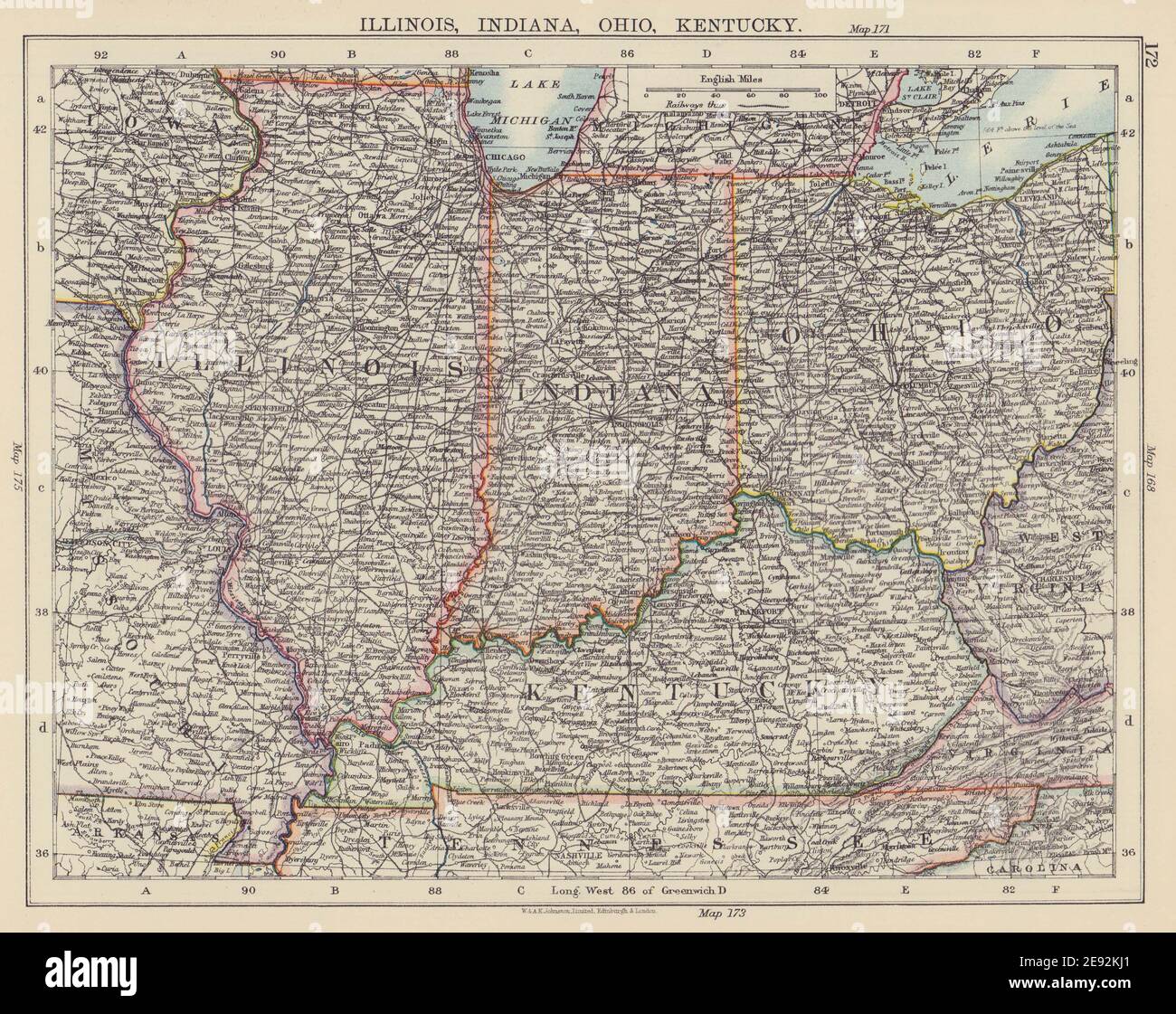 USA MIDWEST. Illinois Indiana Ohio Kentucky. Railroads. JOHNSTON 1901 old map Stock Photo