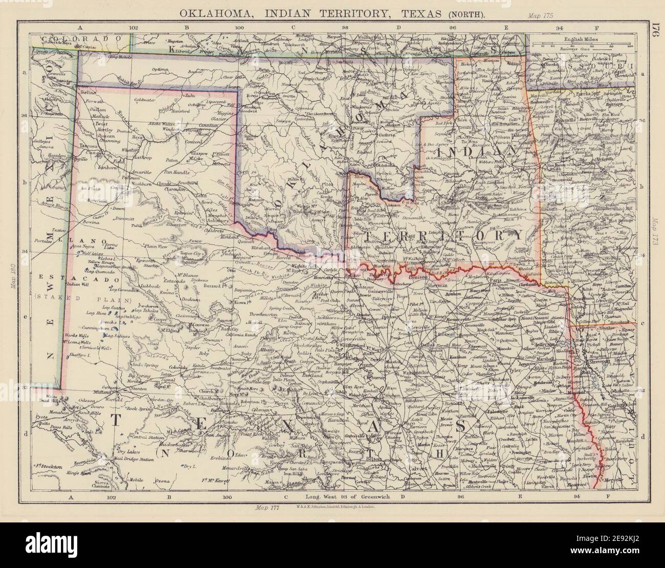 SOUTH CENTRAL USA. Oklahoma, Indian Territory & North Texas. JOHNSTON 1901 map Stock Photo