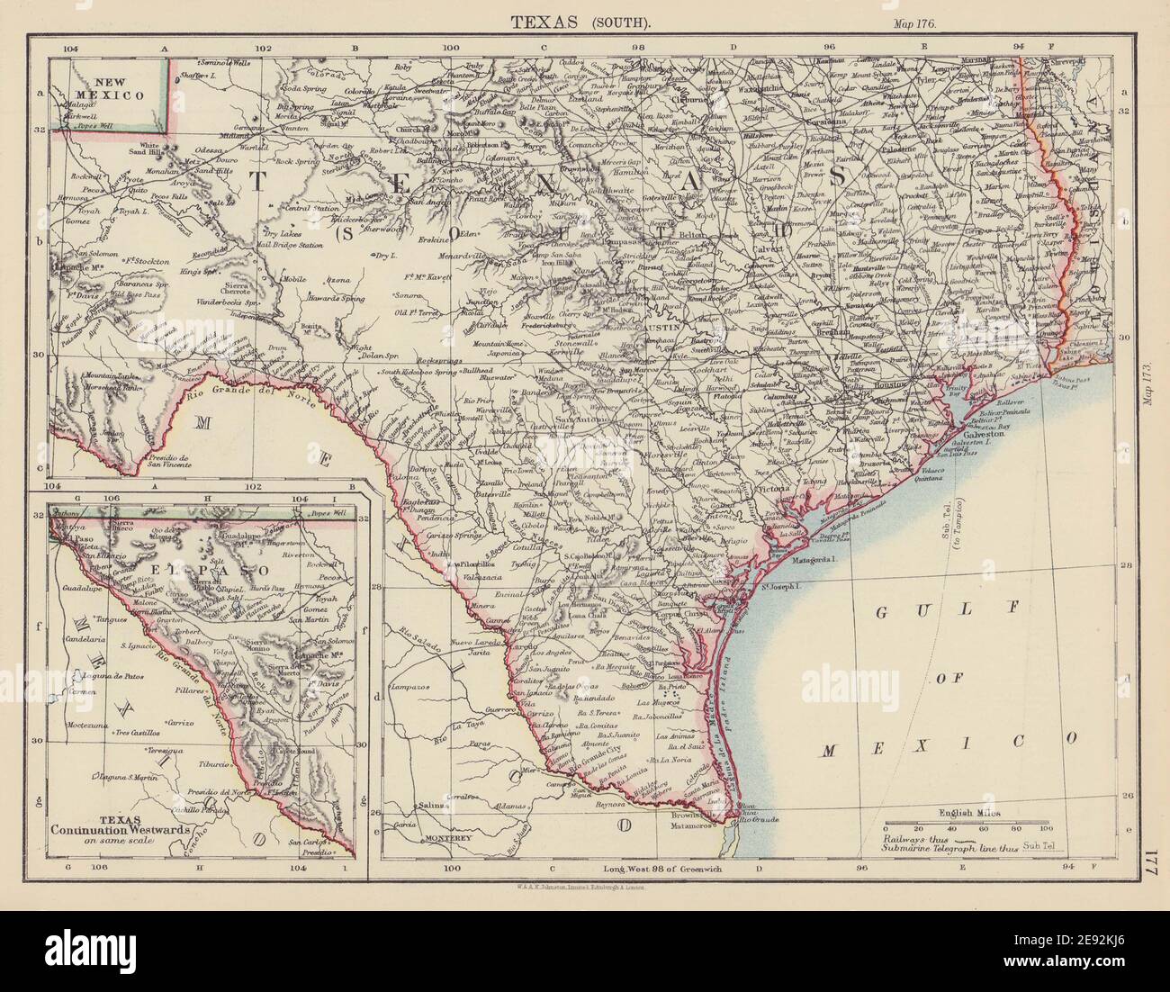 SOUTH TEXAS. Showing railroads & Telegraph Cable. JOHNSTON 1901 old map ...