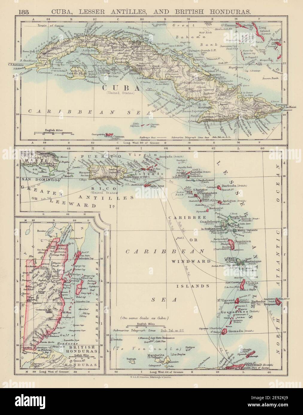 CARIBBEAN ISLANDS. Cuba British Honduras Caribbee/Windward. JOHNSTON 1901 map Stock Photo
