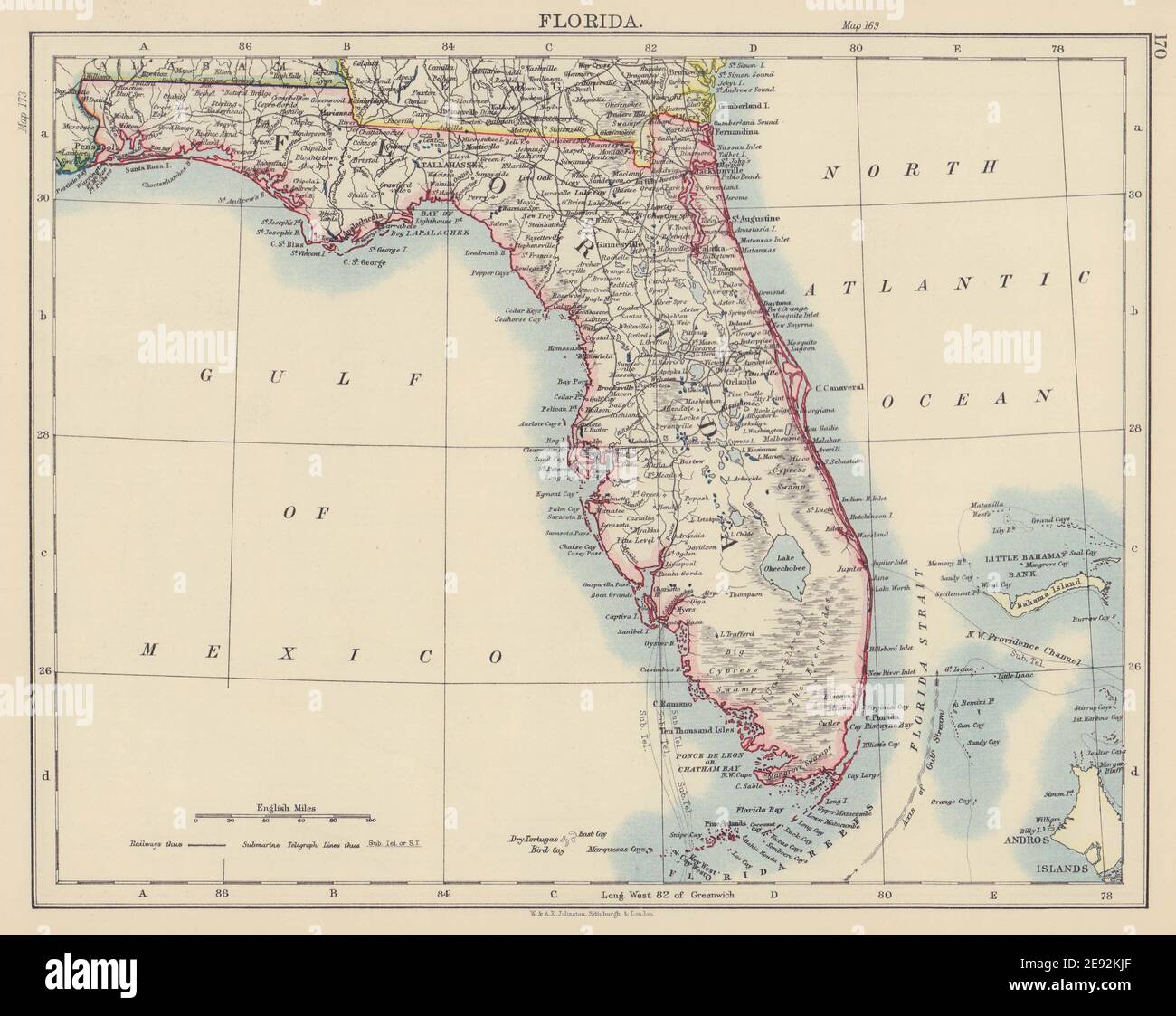 FLORIDA. State map. Shows Miami. Railroads. JOHNSTON 1901 old antique Stock Photo