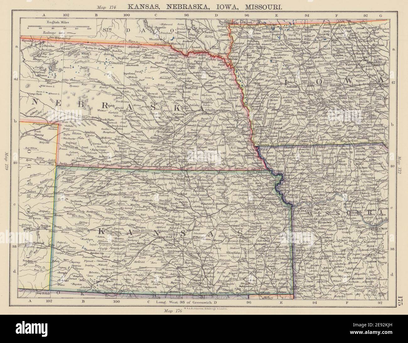 MIDWESTERN USA. Kansas Nebraska Iowa Missouri. Railroads. JOHNSTON 1901 map Stock Photo