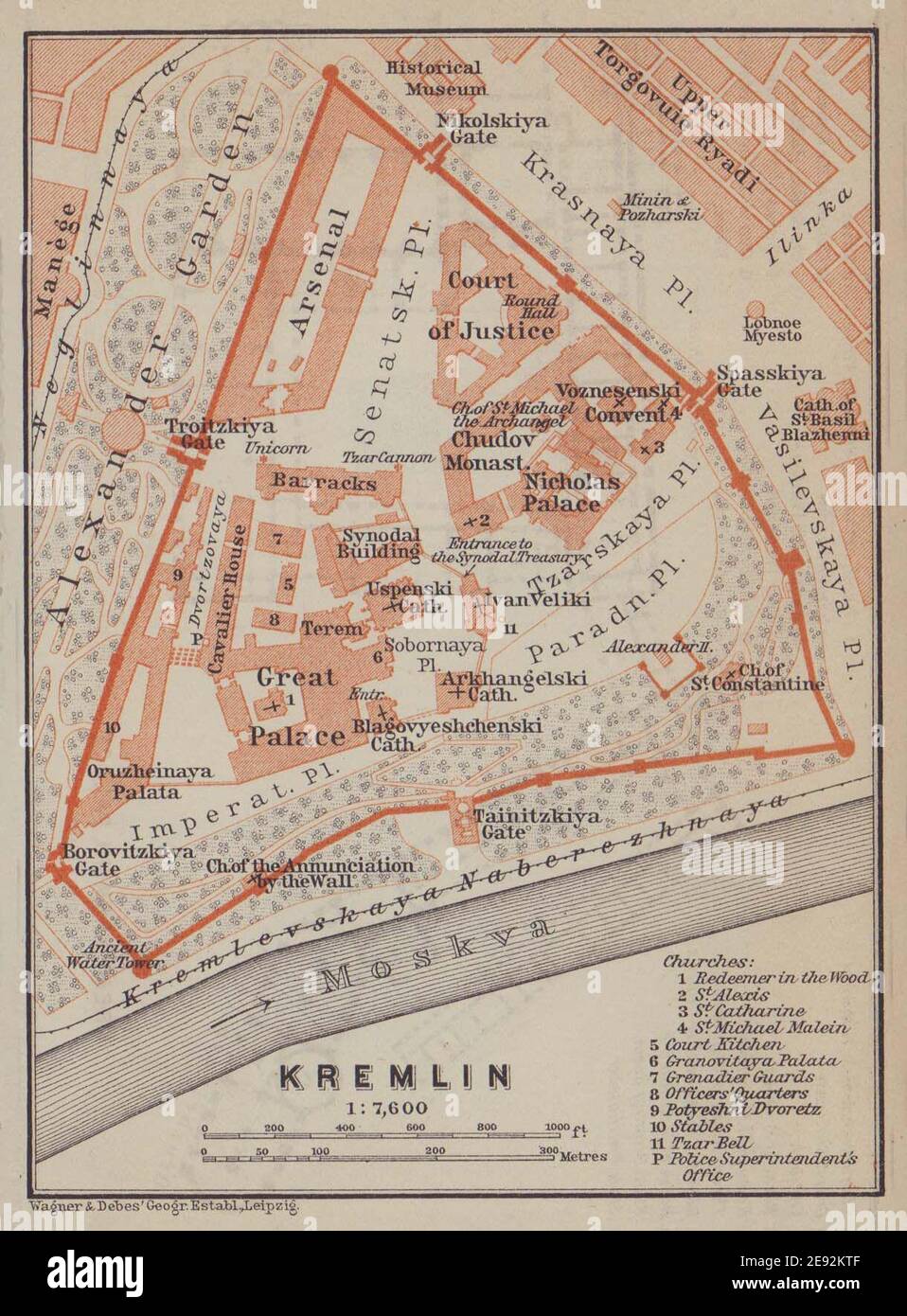 Kremlin ground/floor plan. Moscow, Russia. BAEDEKER 1914 old antique map chart Stock Photo