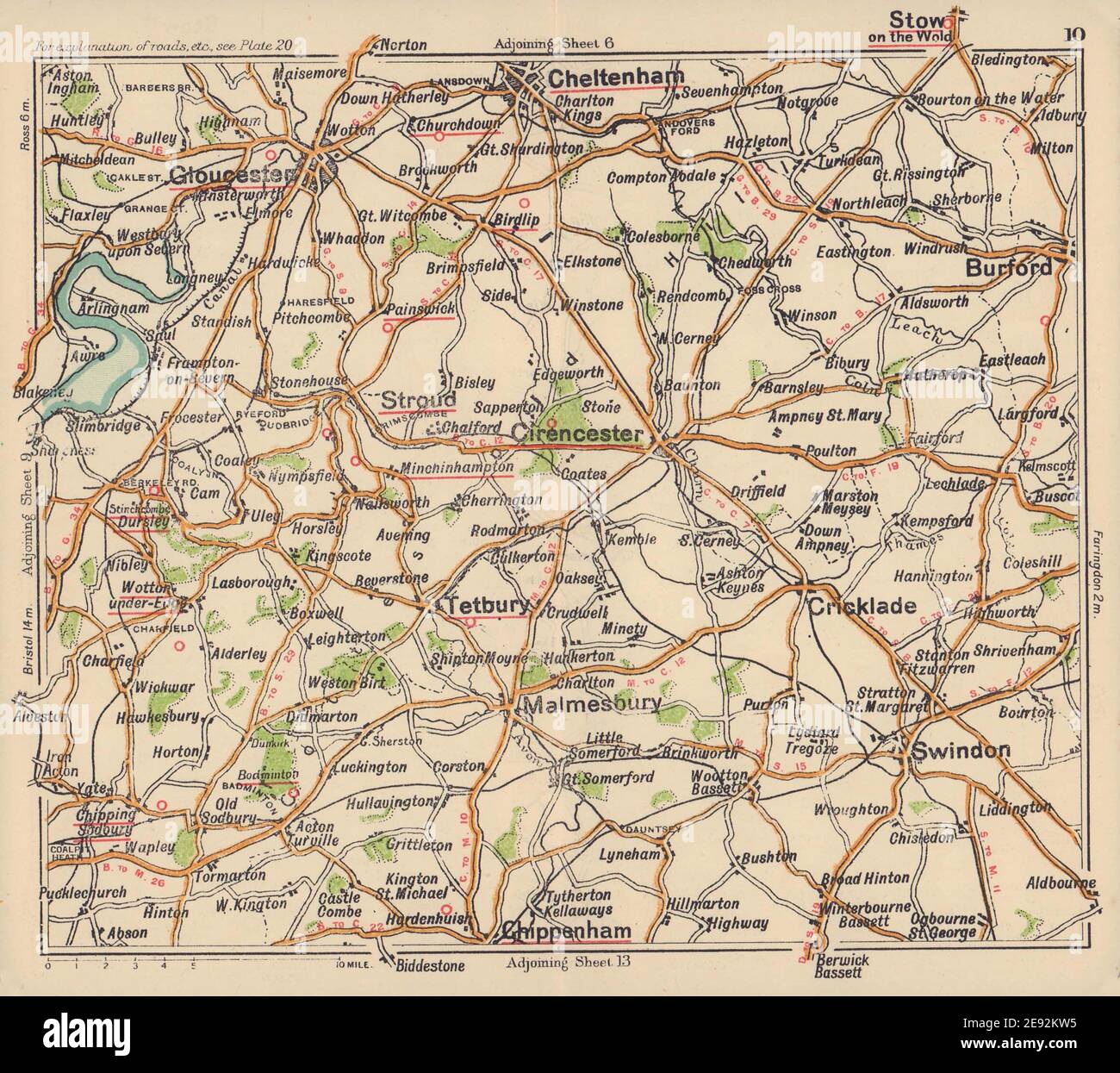 Cotswolds road map. Cirencester Gloucester Cheltenham Burford. BACON c1920 Stock Photo