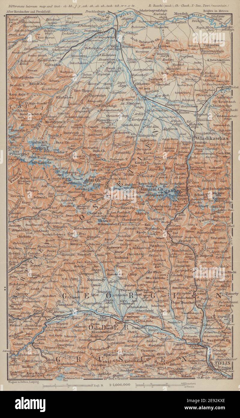 Central Caucasus, eastern part. Ossetia & Georgia. BAEDEKER 1914 old map Stock Photo
