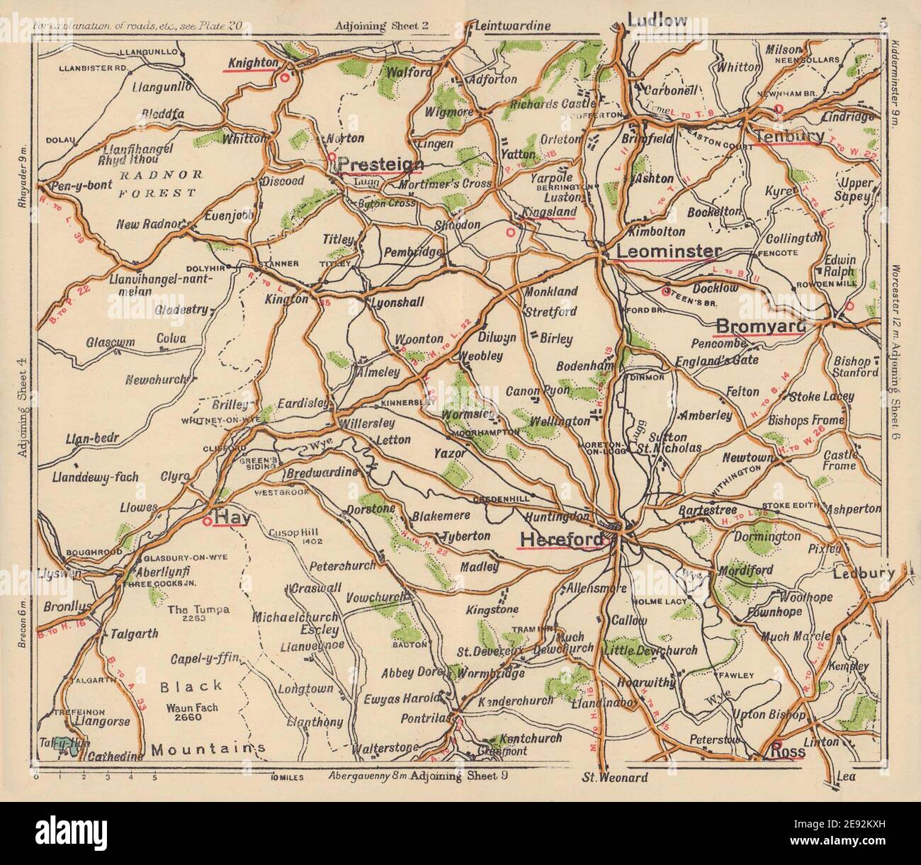 Herefordshire road map. Presteigne Leominster Bromyard. BACON c1920 old Stock Photo