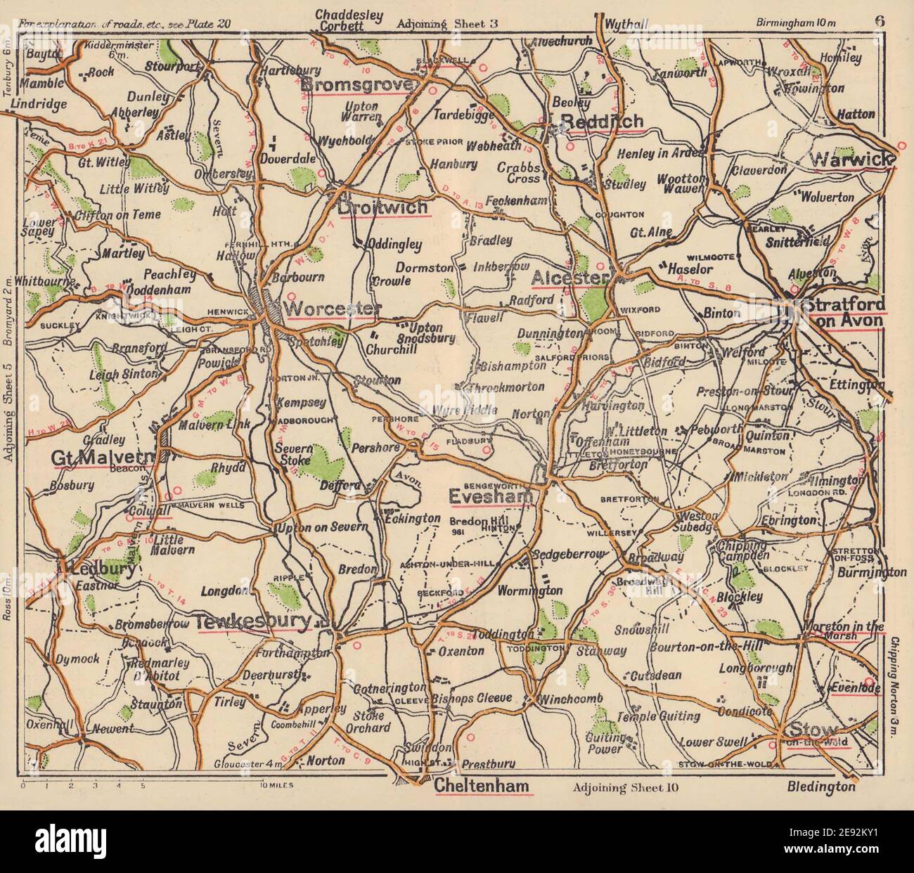 Worcestershire road map. Cheltenham Malvern Stratford Evesham. BACON c1920 Stock Photo