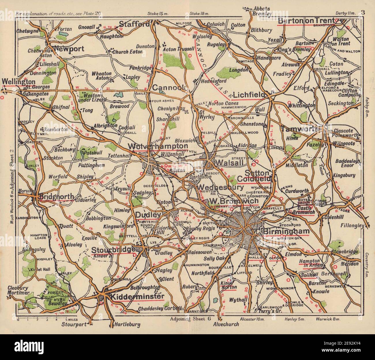 West Midlands road map. Birmingham Kidderminster Wolverhampton. BACON c1920 Stock Photo