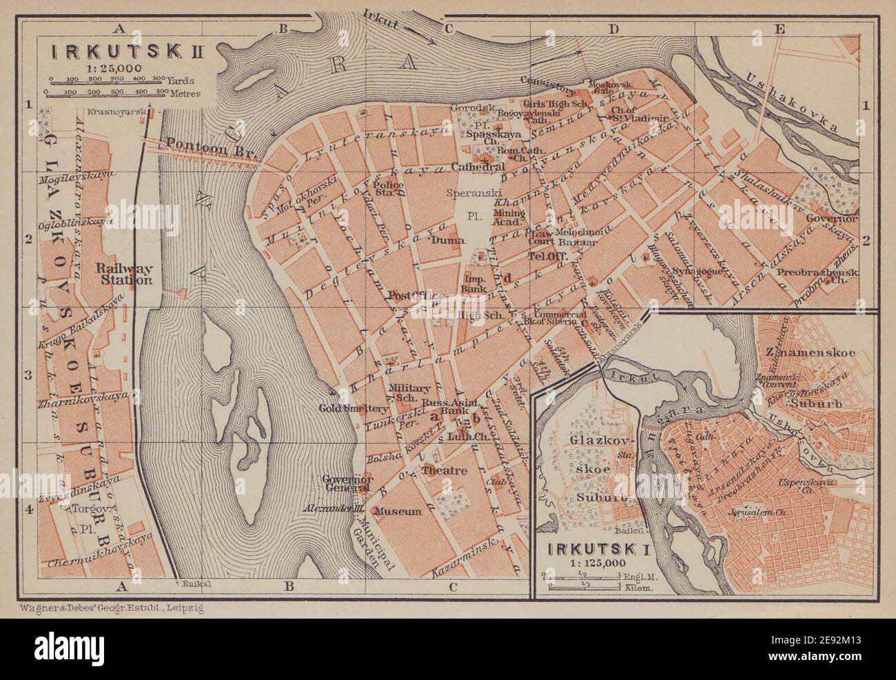 Irkutsk town/city plan. Russia. BAEDEKER 1914 old antique map chart Stock Photo