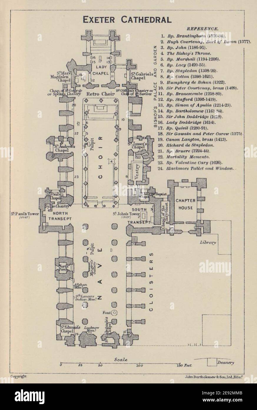 Exeter Cathedral ground floor plan. Devon 1920 old antique map chart Stock Photo