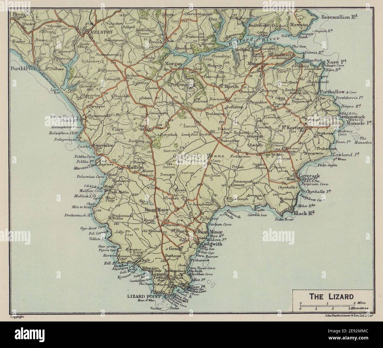 The Lizard Cornwall Map The Lizard. Helford River. Helston. Mullion. Cornwall 1920 Old Antique Map  Stock Photo - Alamy