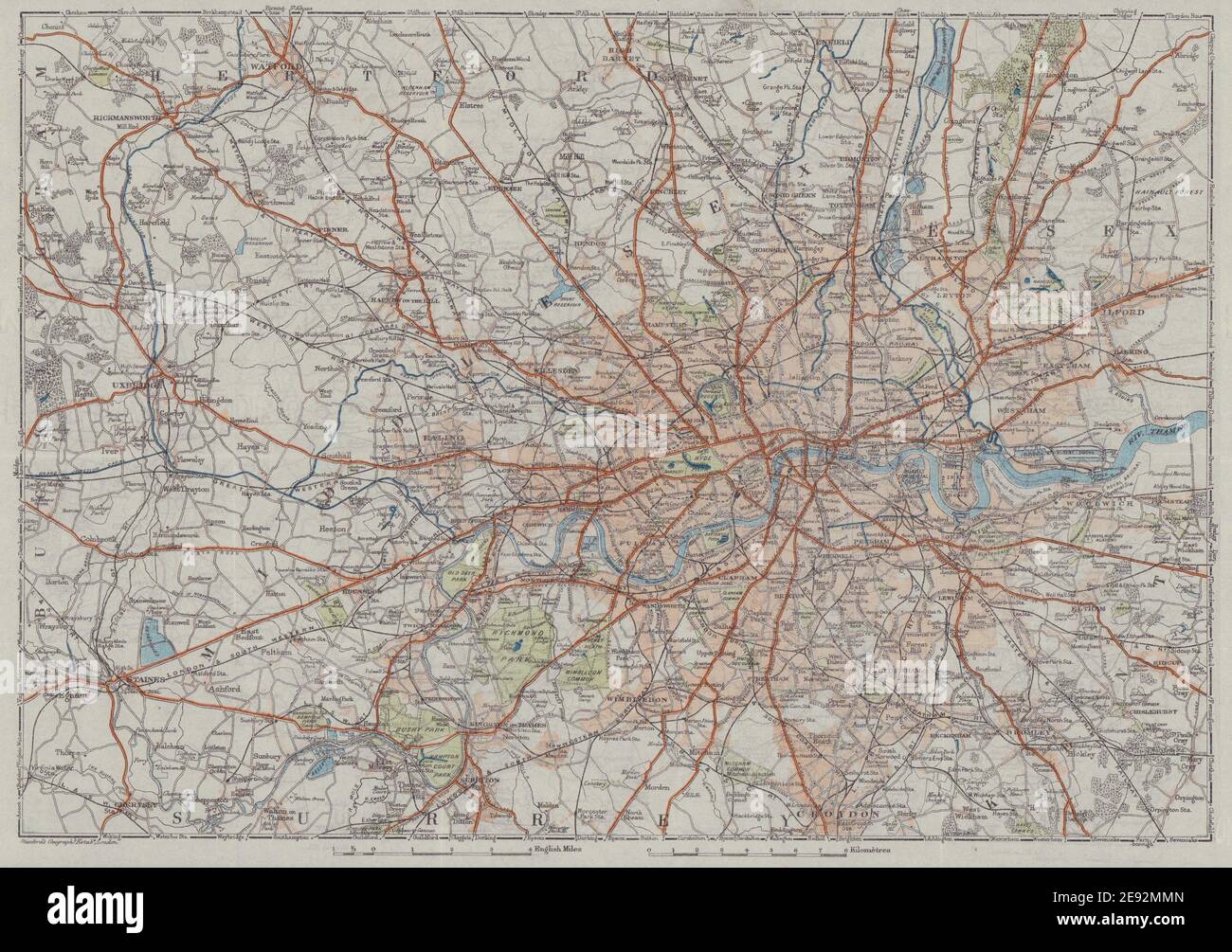 Environs of London. Greater London roads railways 1920 old antique map chart Stock Photo - Alamy