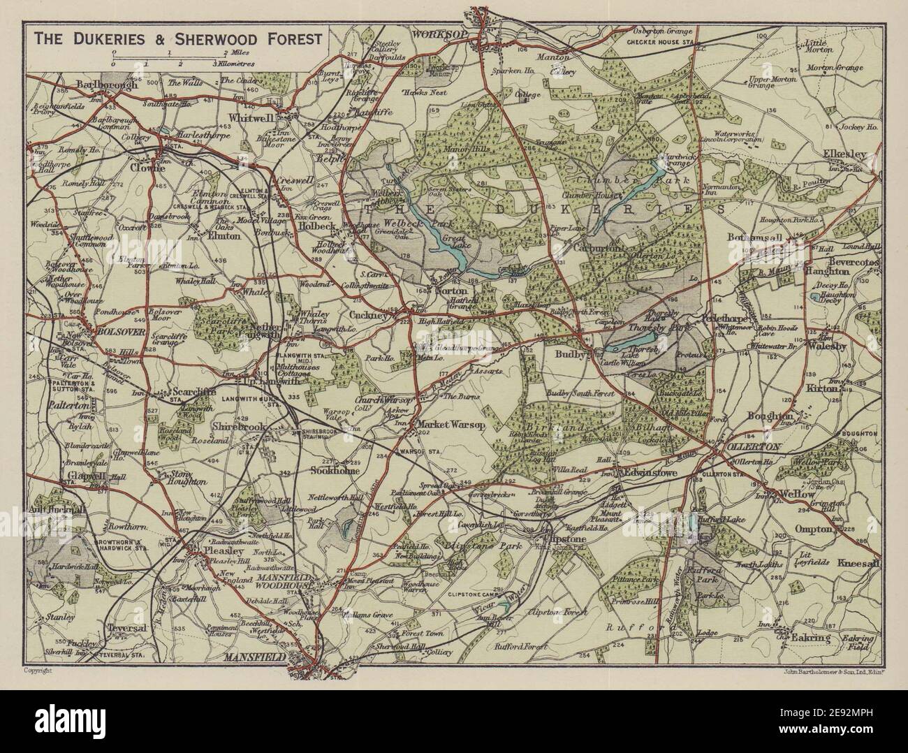 The Dukeries & Sherwood Forest. Mansfield Worksop. Nottinghamshire 1920 map Stock Photo