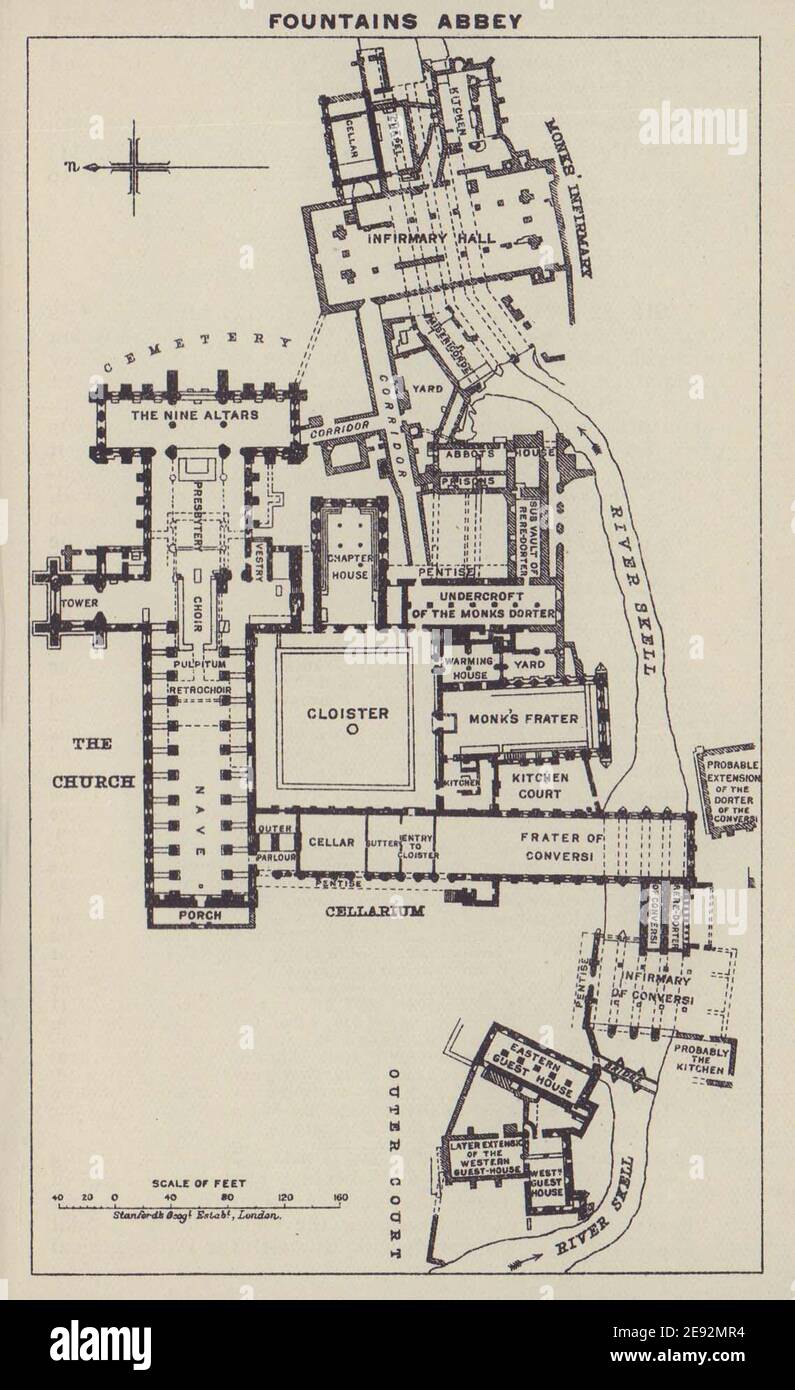 Fountains Abbey Ground Floor Plan Yorkshire 1920 Old Antique Map Chart fountains-abbey-ground-floor-plan-yorkshire-1920-old-antique-map-chart