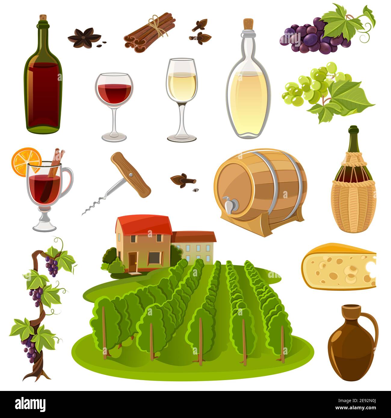 Wine production and use process elements cartoon isolated icons set