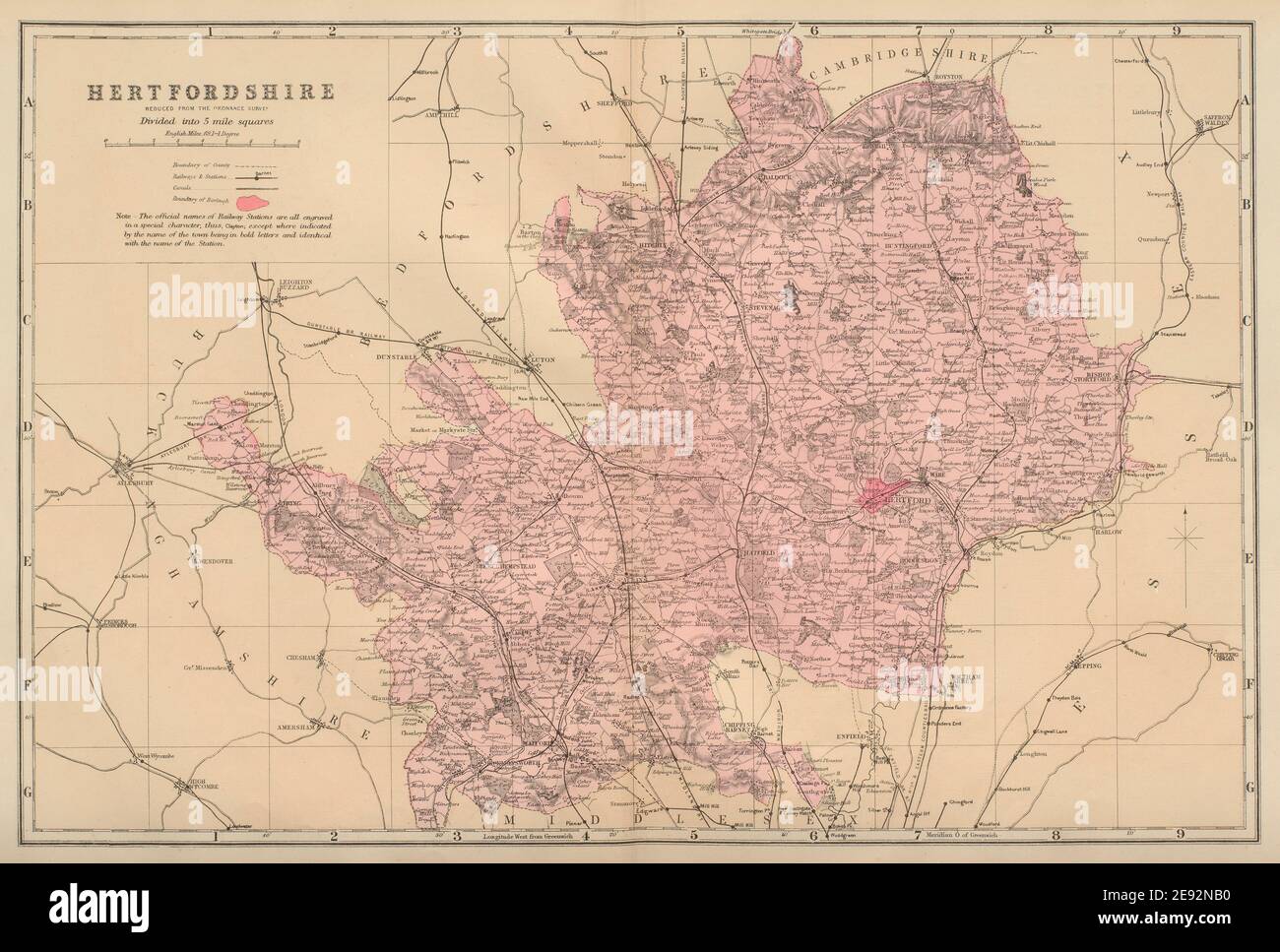HERTFORDSHIRE antique county map by GW BACON 1883 old plan chart Stock ...