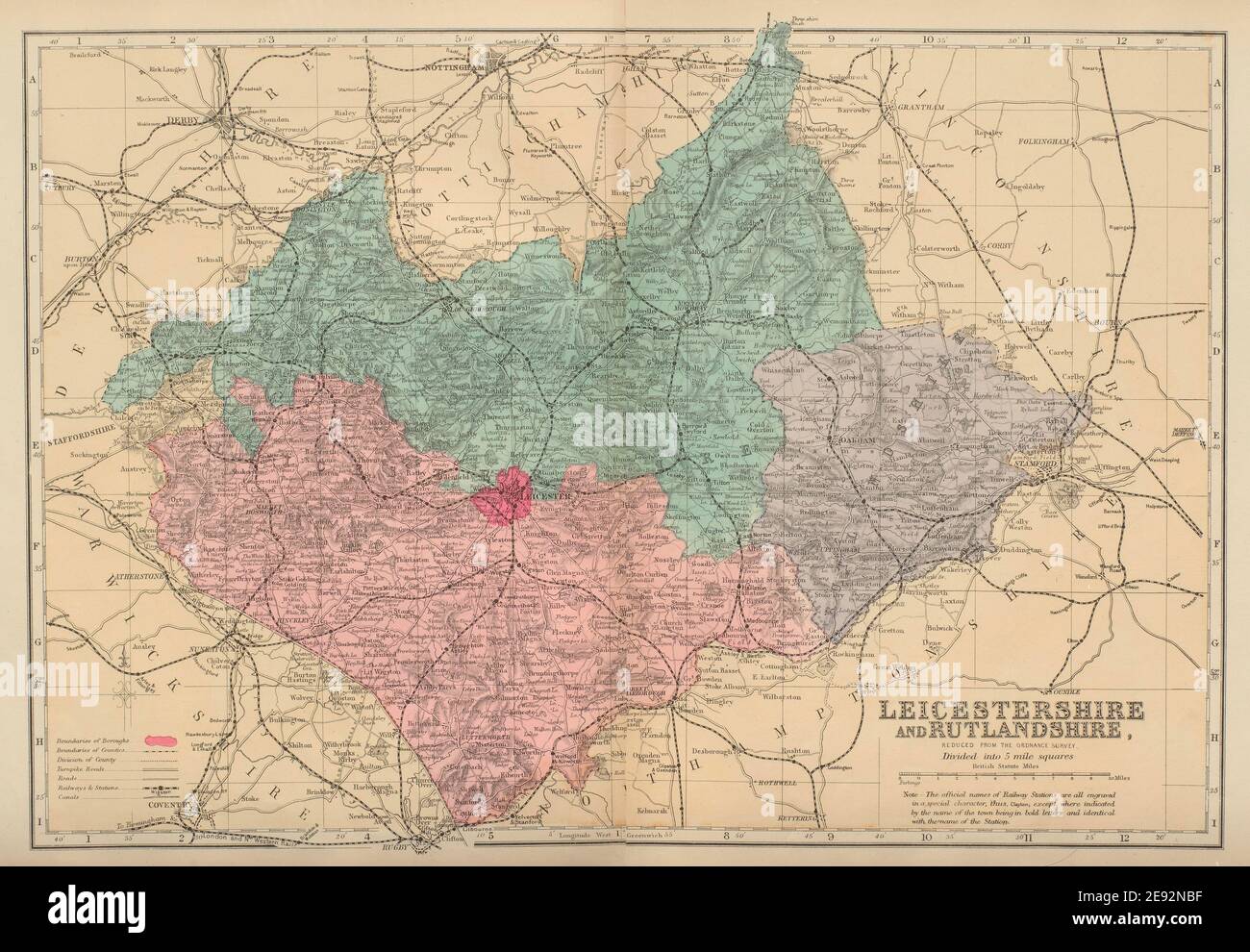 LEICESTERSHIRE & RUTLANDSHIRE antique county map by GW BACON 1883 old Stock Photo