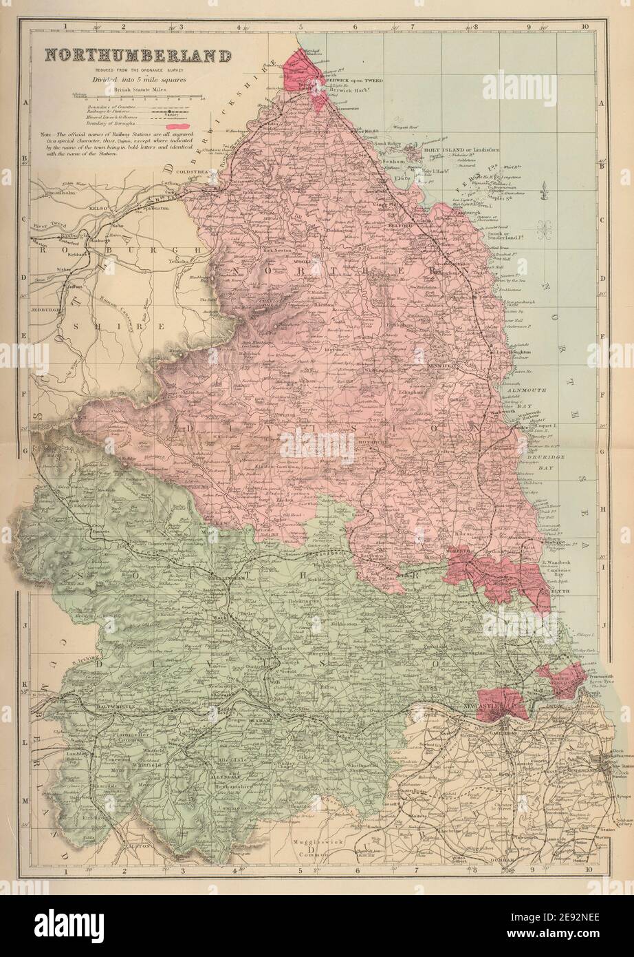 NORTHUMBERLAND antique county map by GW BACON 1883 old plan chart Stock