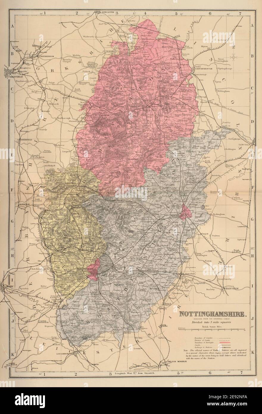 NOTTINGHAMSHIRE antique county map by GW BACON 1883 old plan chart ...