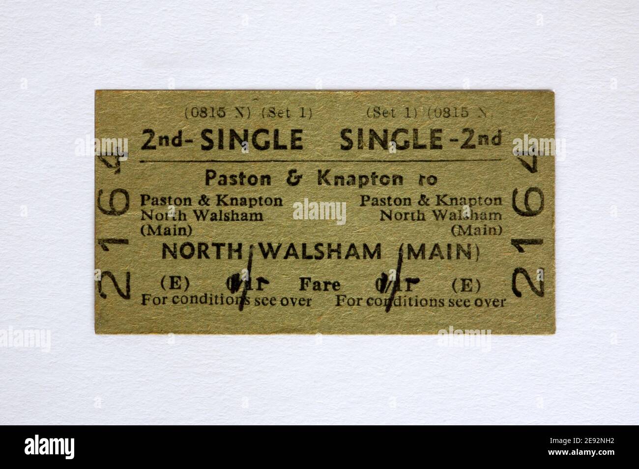 A 1960's 2nd Class Single rail ticket from Paston & Knapton to North Walsham (Main) on the former Mundesley-on-Sea to North Walsham branch line. Stock Photo