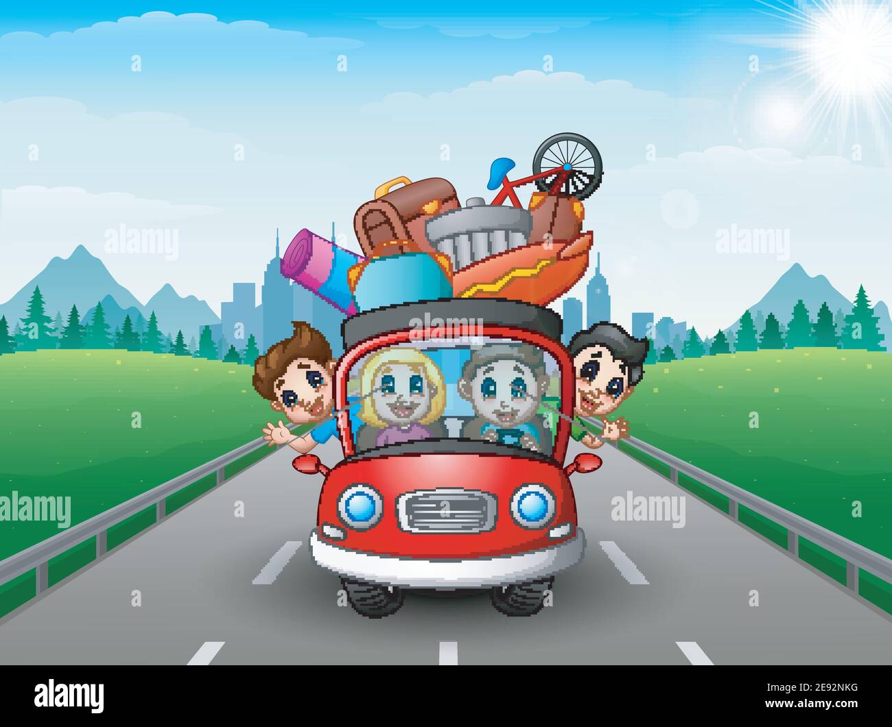 Vector illustration of Happy family traveling with red car Stock Vector