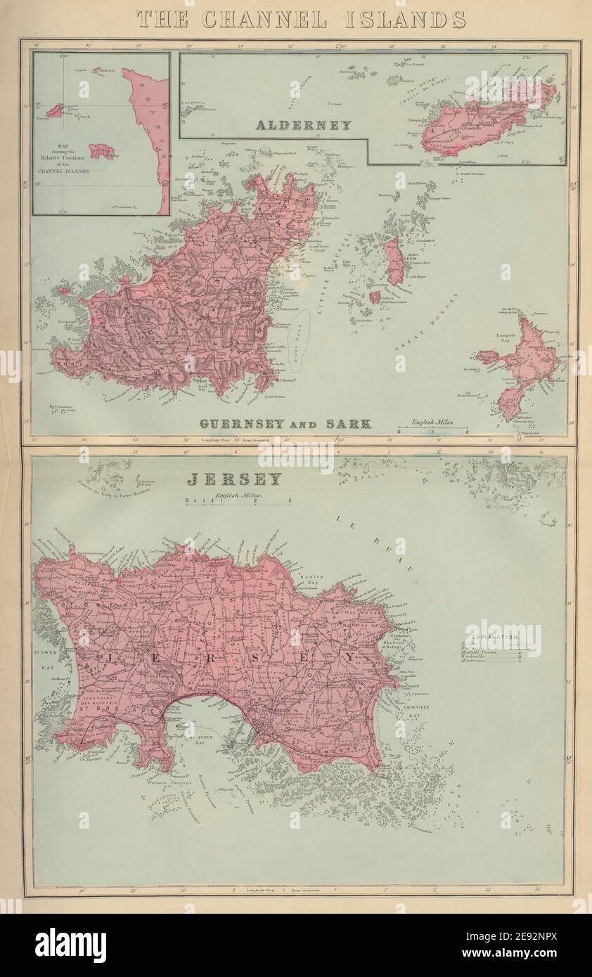 CHANNEL ISLANDS Alderney Guernsey Sark Jersey antique map by GW BACON 1883 Stock Photo