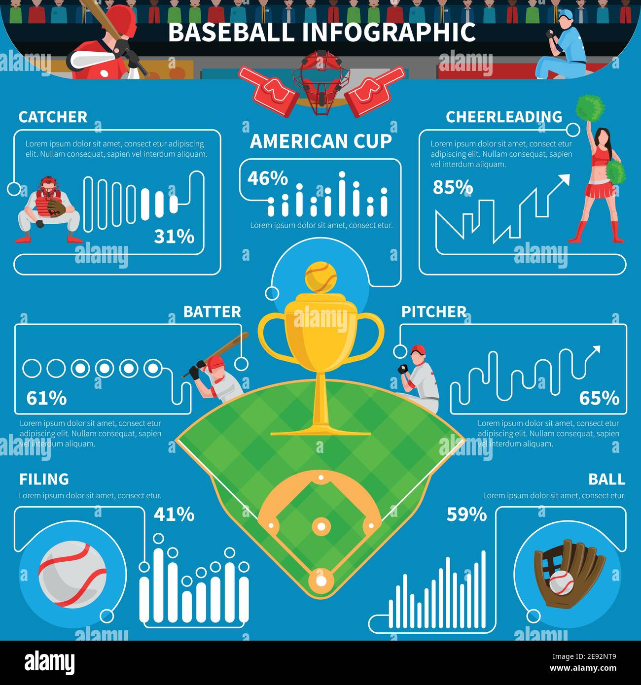Baseball infographics elements with game statistics on blue background
